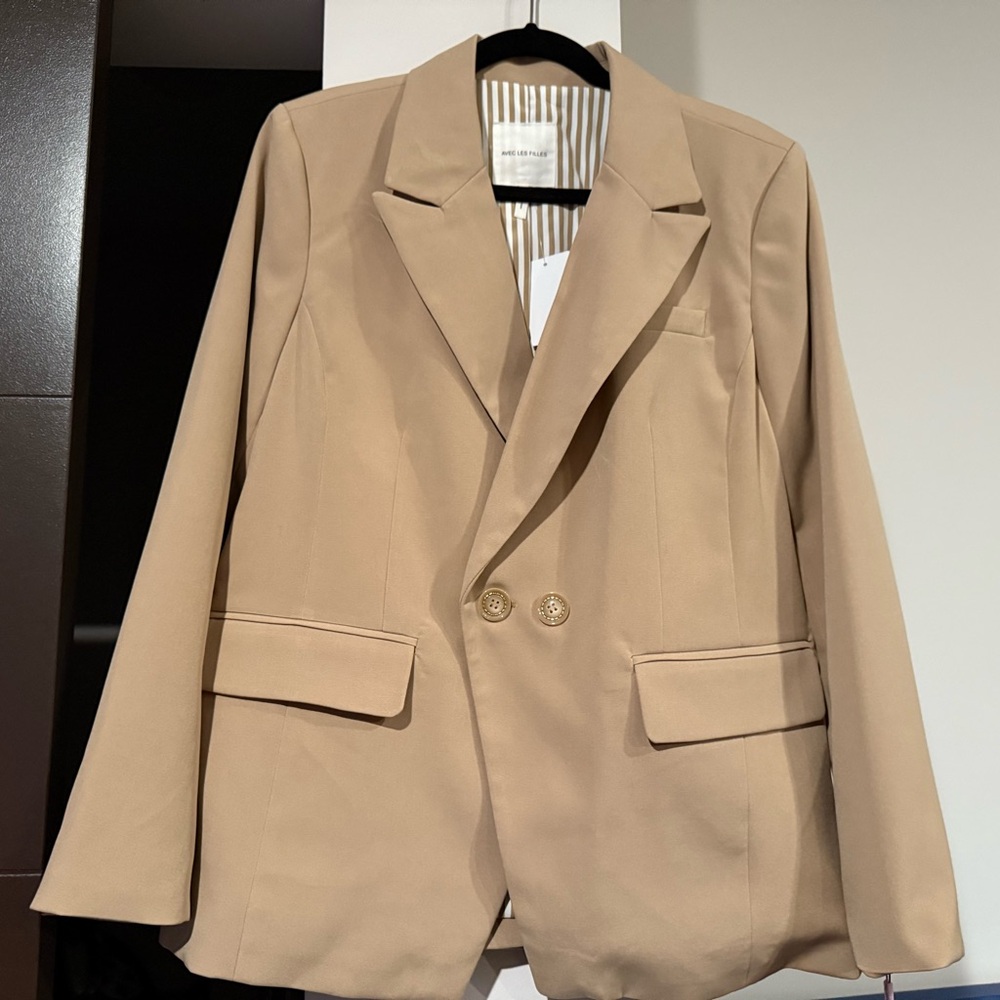 Avec Les Filles Beige Double-Breasted Blazer